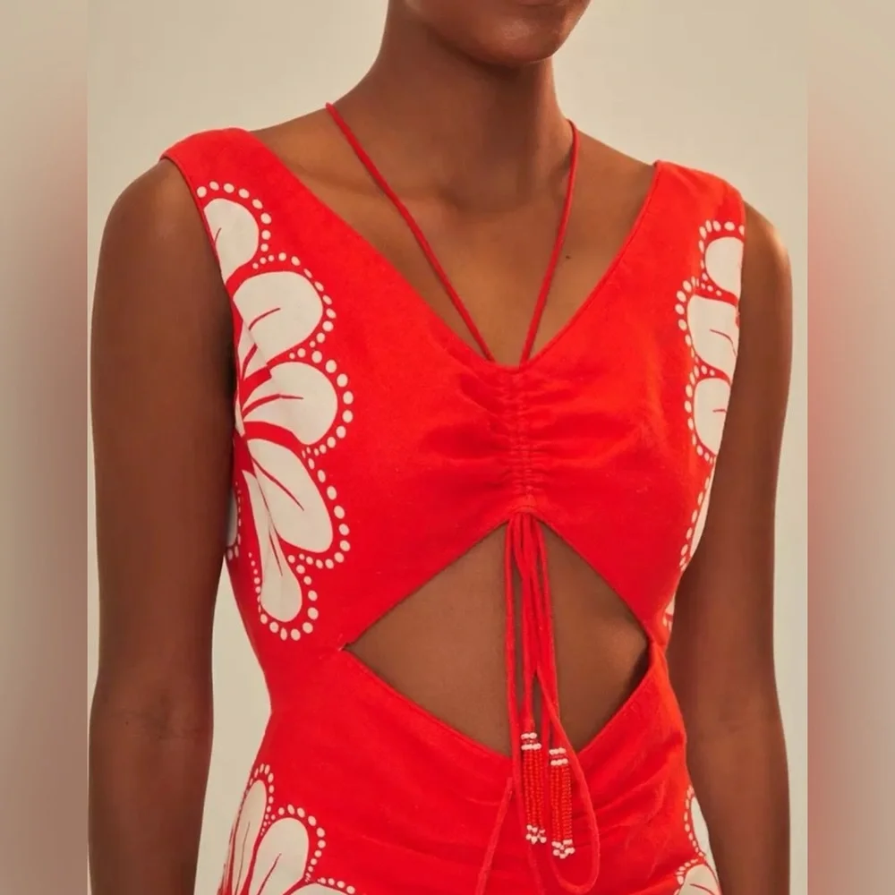 FARM RIO Red Ainika Shell Lenzing™ Ecovero™ Euroflax™ Midi Dress - Picture 2 of 8